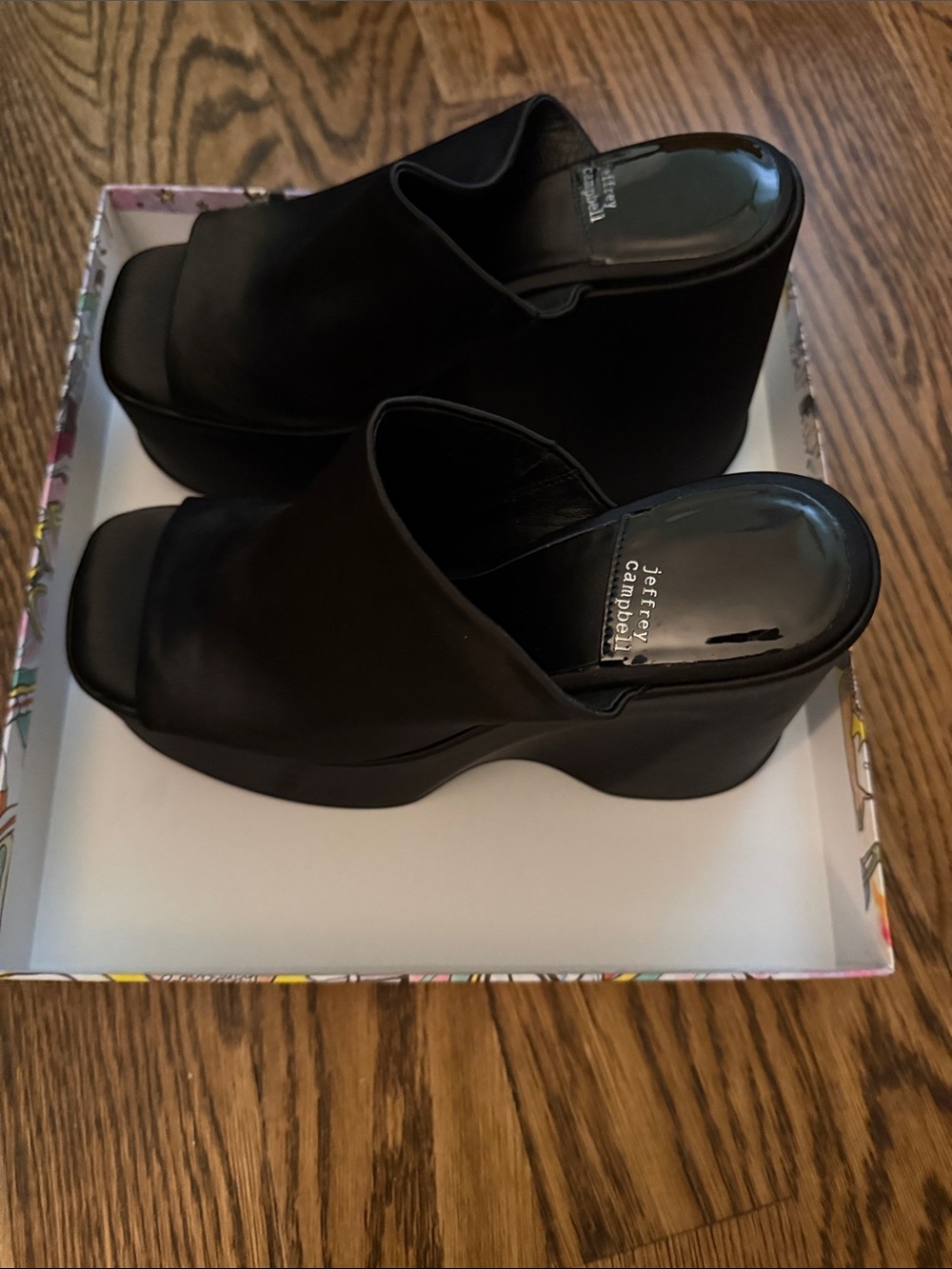 NWOT Women’s Jeffrey Campbell High Up Black Satin Black Platform Wedge Mules.